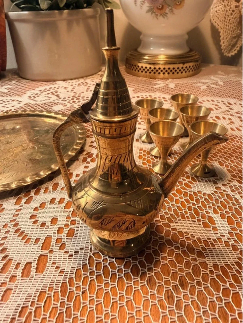 Vintage Miniature Brass Arabic Dallah Coffee Set Tray 6 Goblets